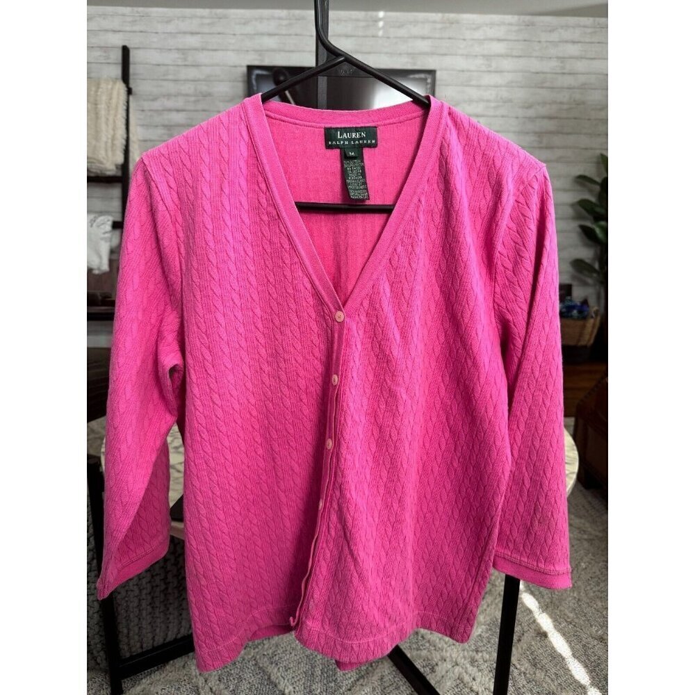 LAUREN RALPH LAUREN Pink Cable V Neck Button Down Cardigan Sweater Womens Size M